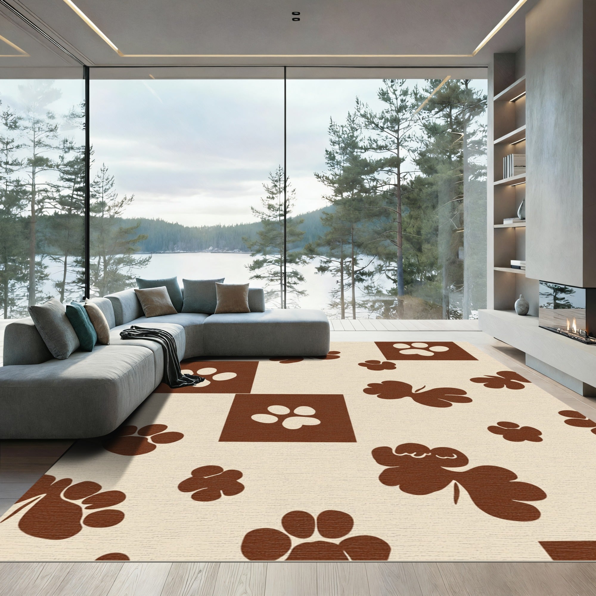 Brown Paw Print Square Composition Rug