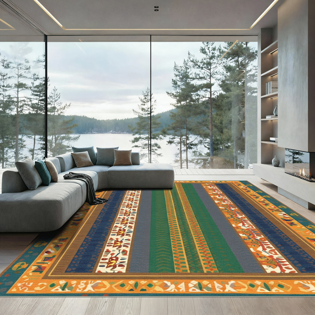 Bold Orange Teal Geometric Stripe Rug