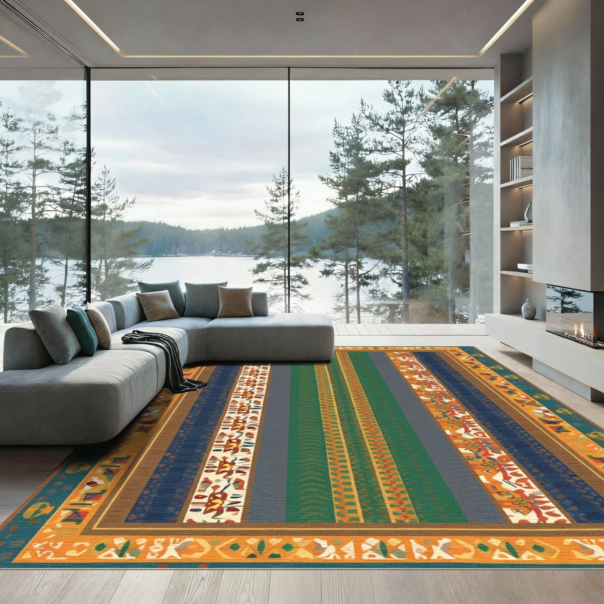 Bold Orange Teal Geometric Stripe Rug