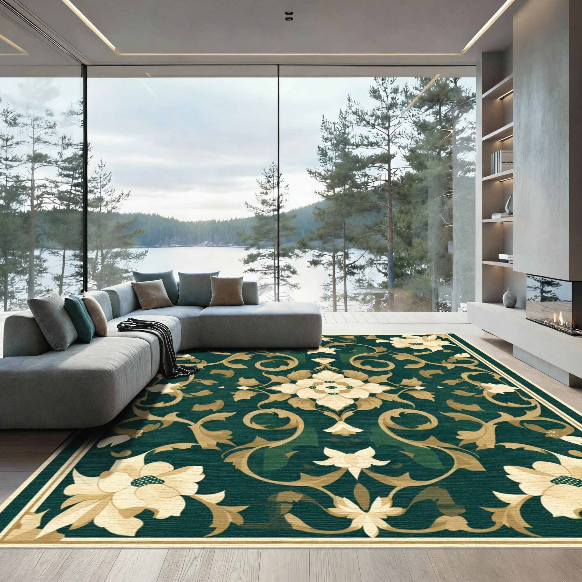Emerald Golden Floral Medallion Rug