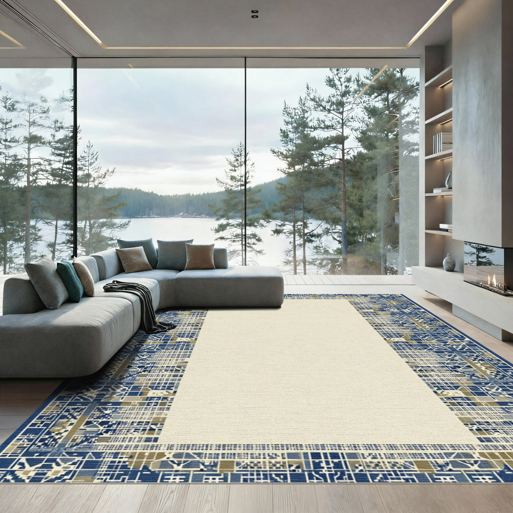 Geometric Blue Tan Mosaic Border Rug