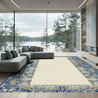 Geometric Blue Tan Mosaic Border Rug