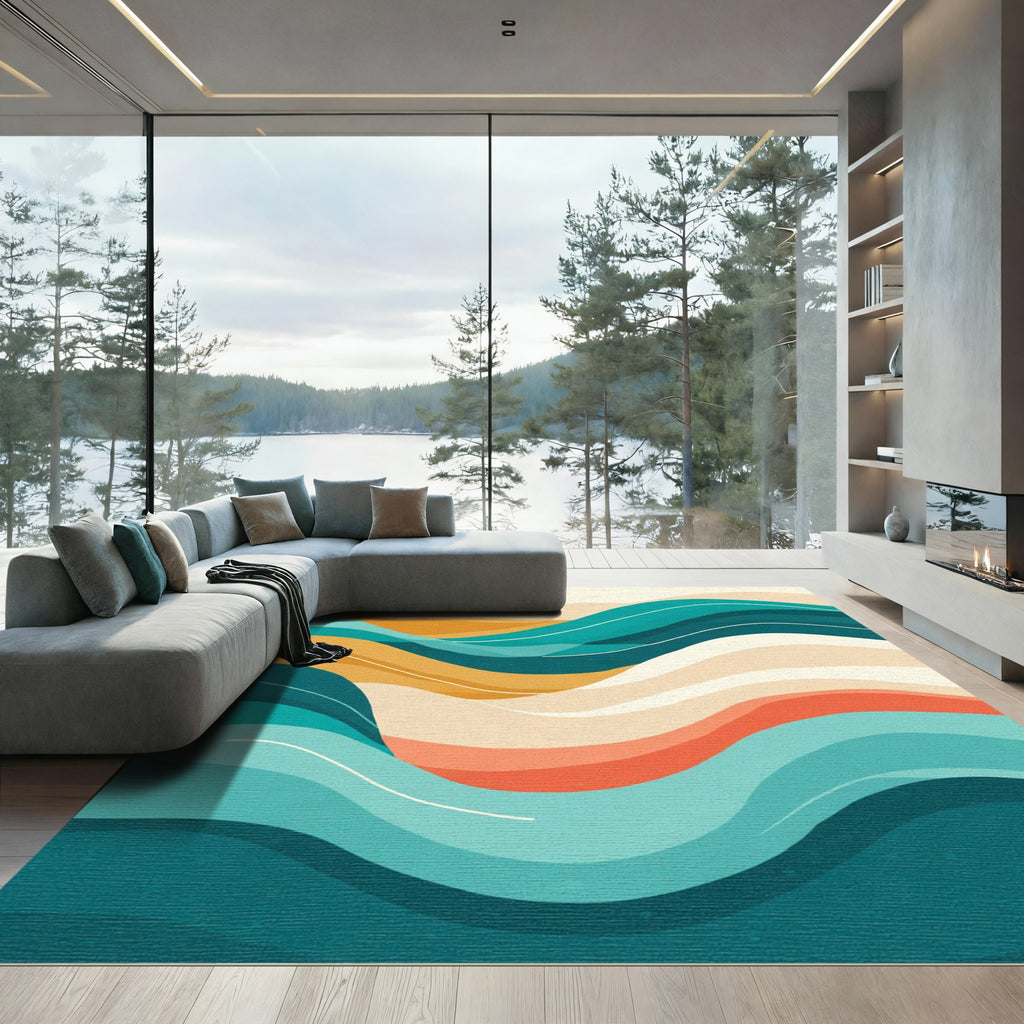 Teal Coral Abstract Wave Rug