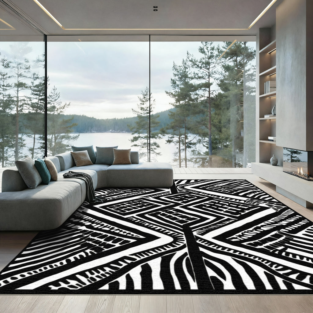 Monochrome Geometric Diamond Tribal Field Rug