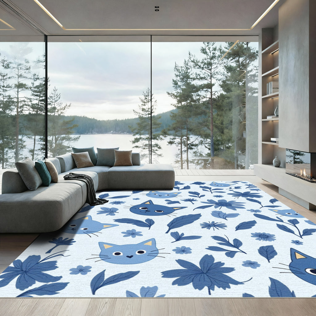 Blue Cats and Floral Harmony Rug