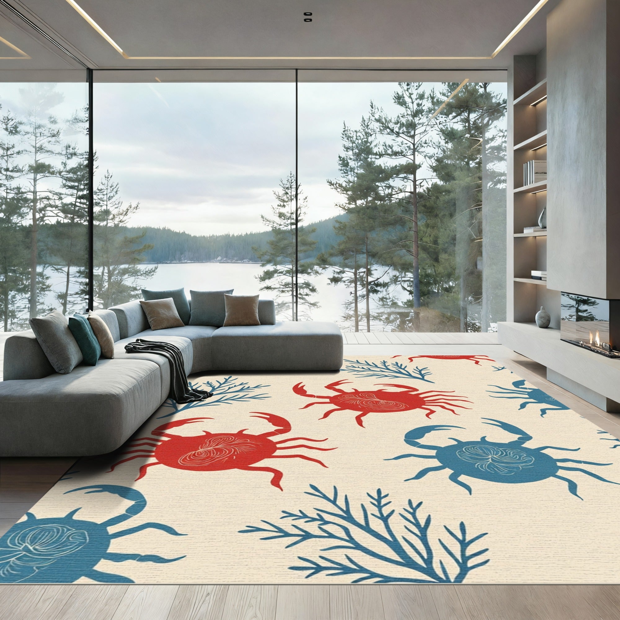 Red Blue Crab Coral Pattern Rug