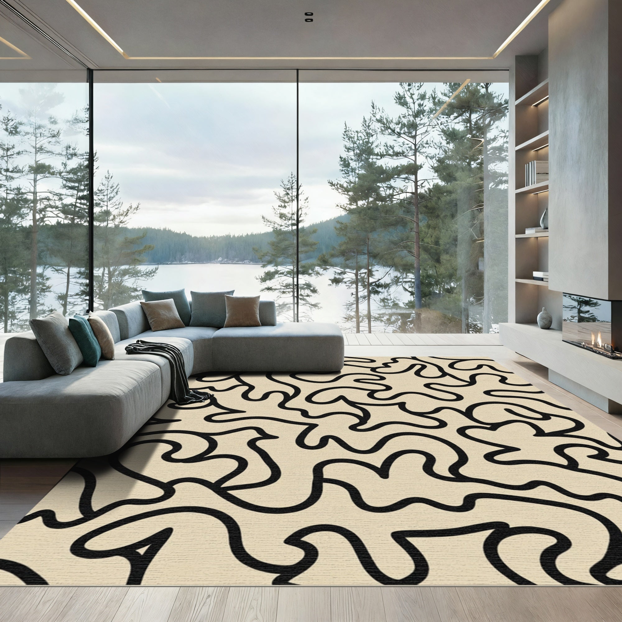 Cream Black Organic Continuous Line Art Rug