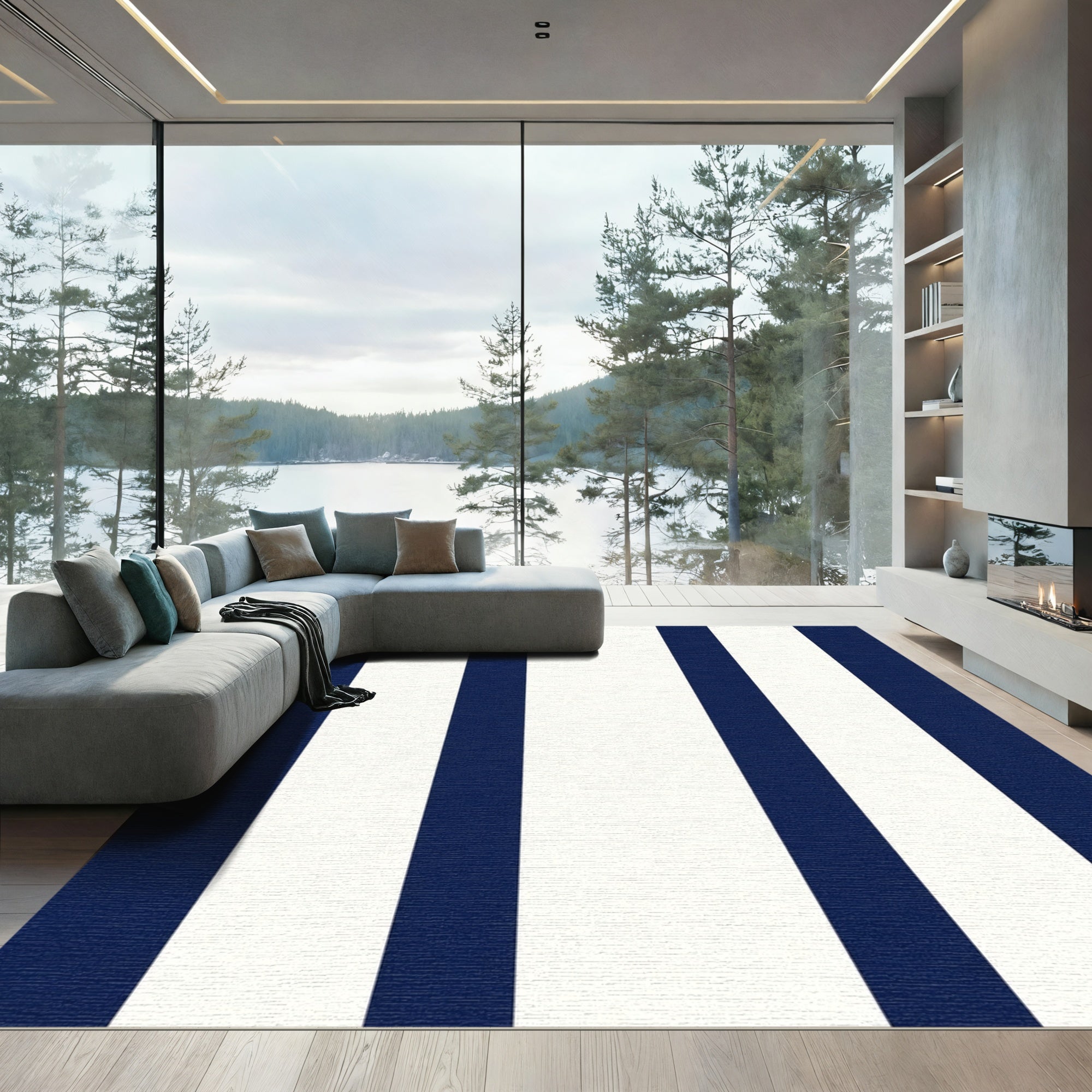 Navy White Vertical Stripe Rug