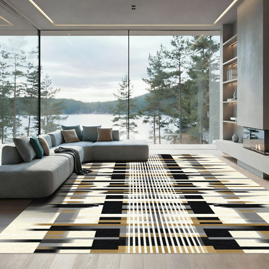 Abstract Black Gold Stripe Rectangles Rug