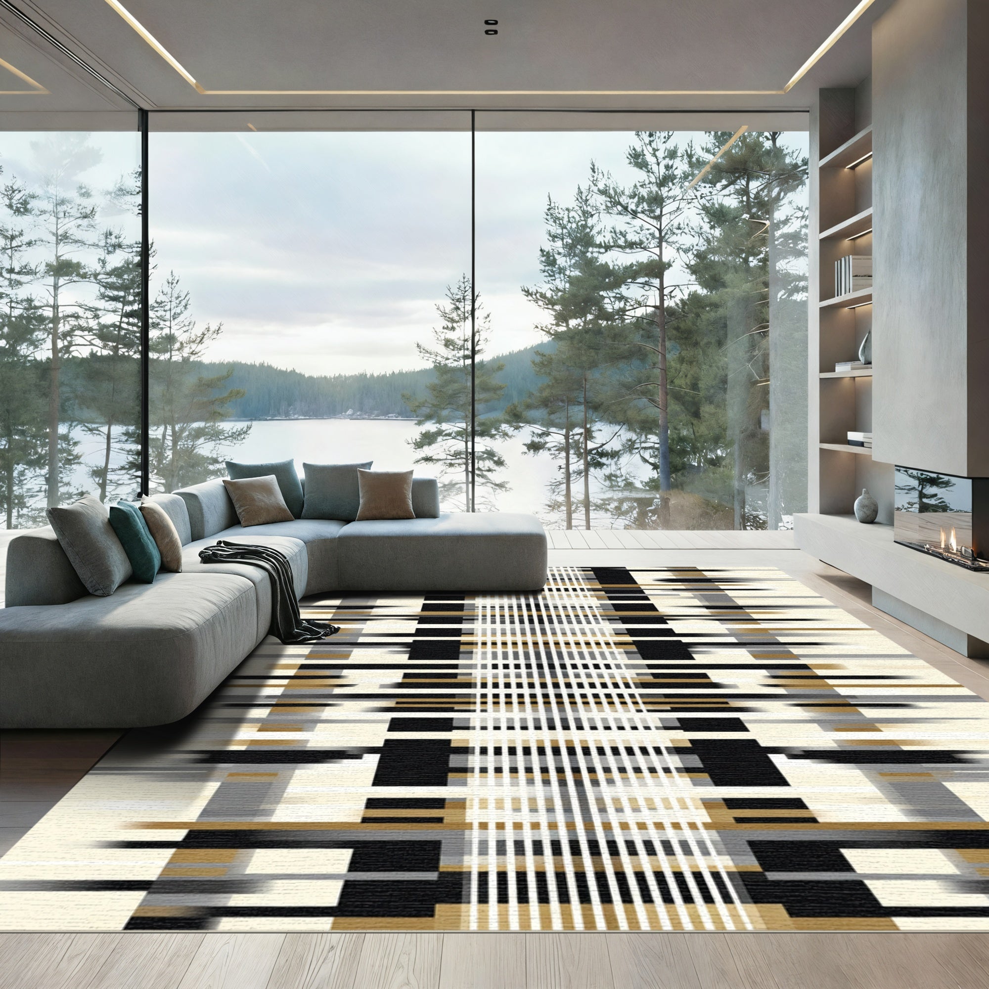 Abstract Black Gold Stripe Rectangles Rug