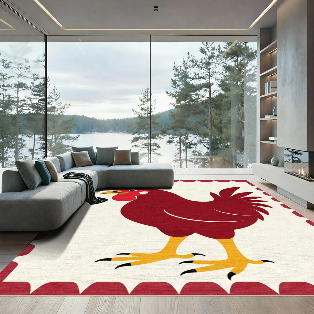 Crimson Rooster Folk Art Rug