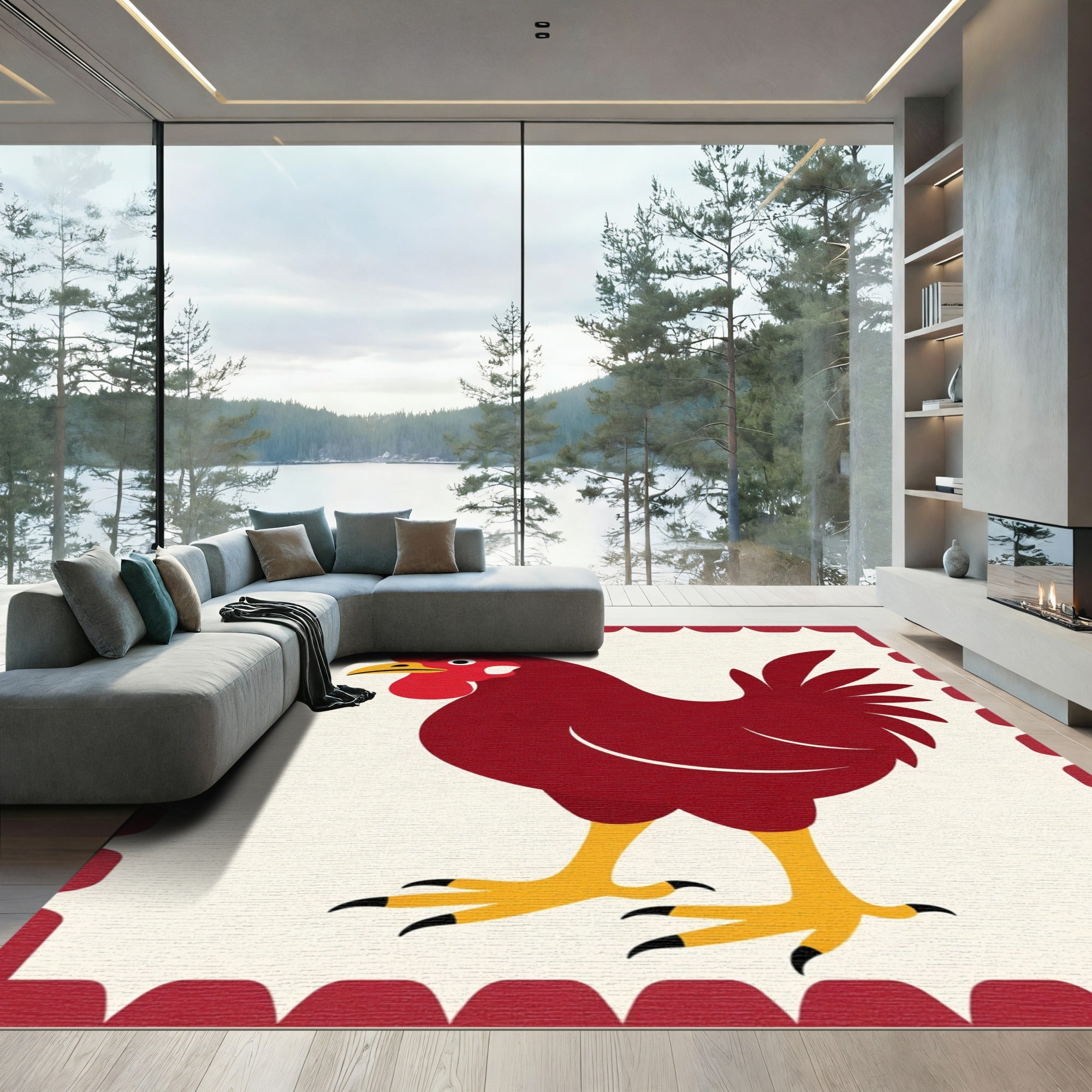 Crimson Rooster Folk Art Rug
