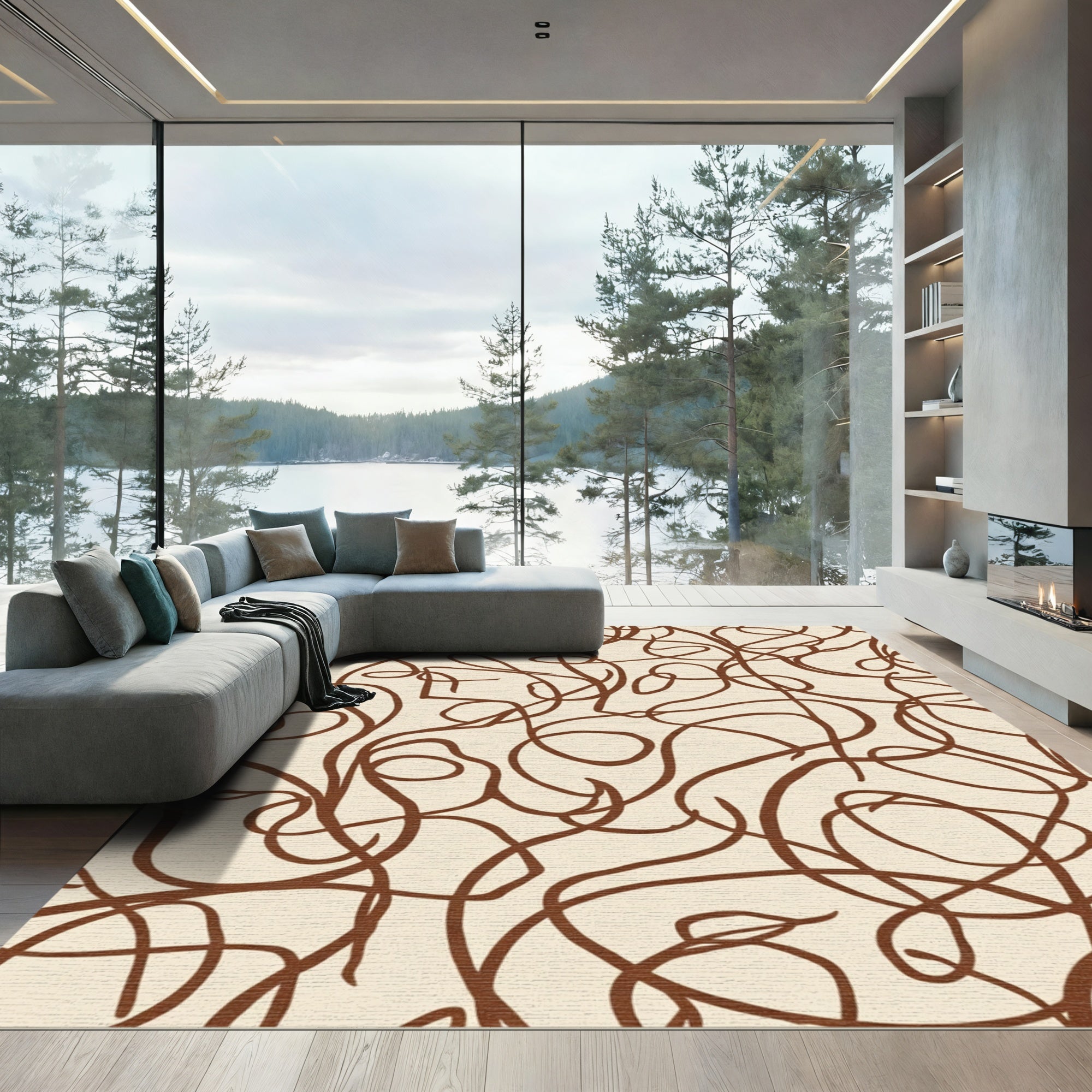 Cream Brown Abstract Swirls Rug