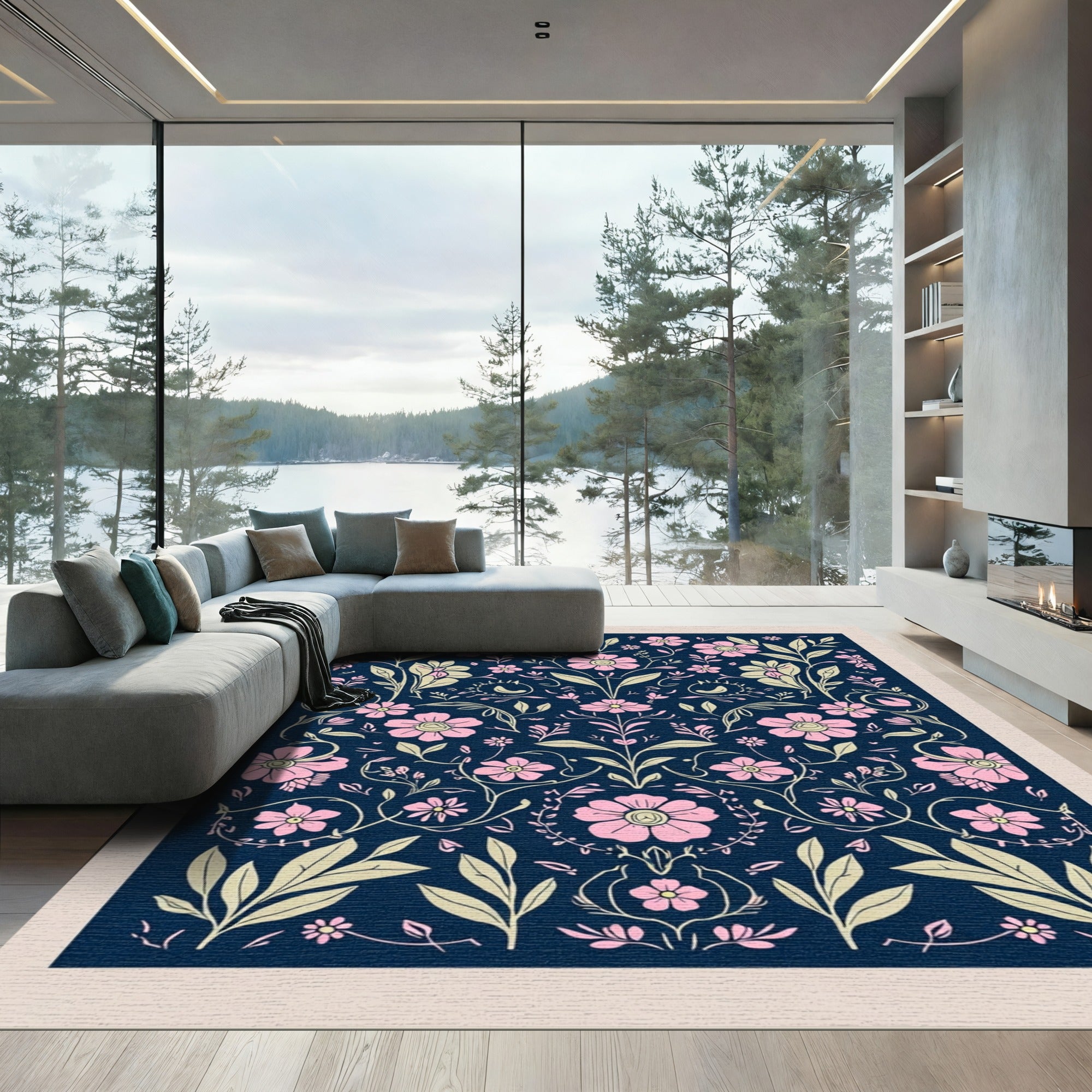 Pink Floral Vines Navy Background Rug