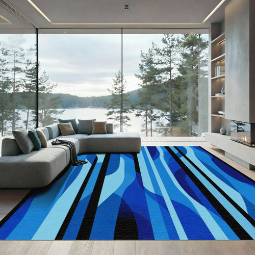 Abstract Blue Fluid Stripe Rug
