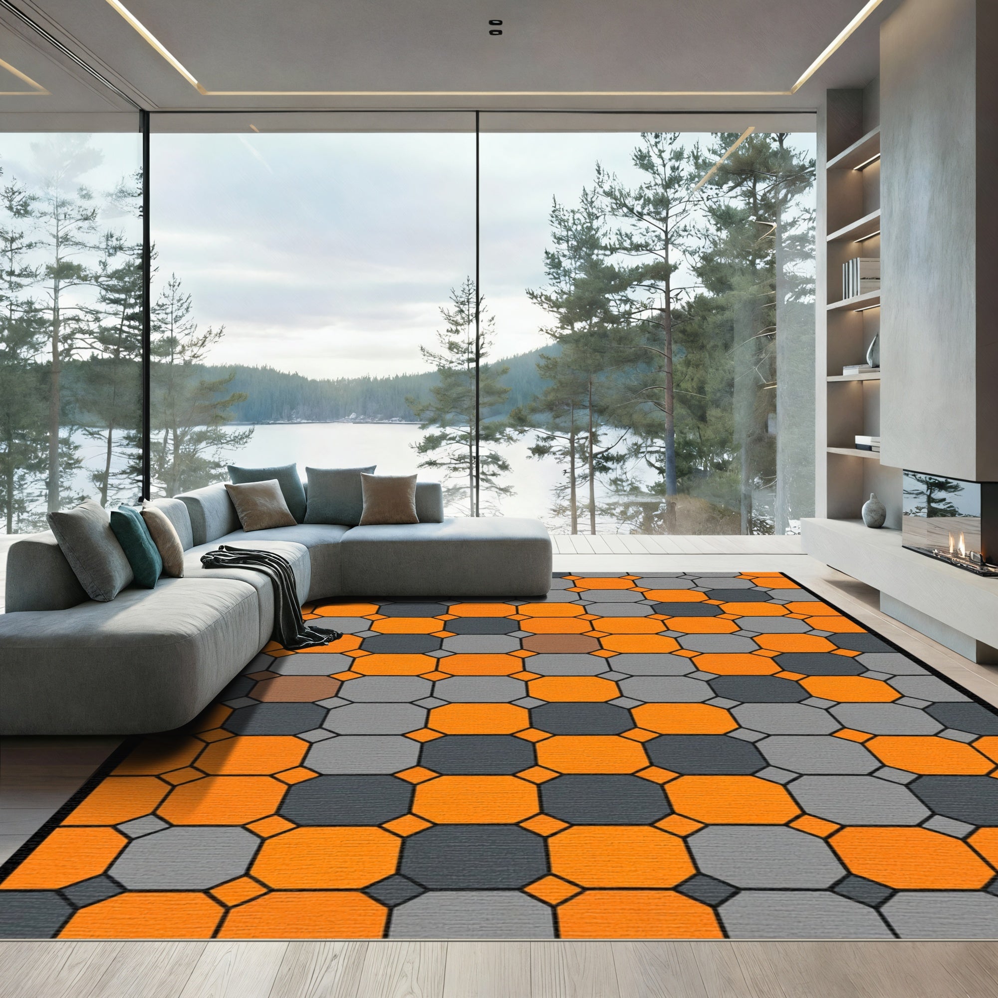 Orange Gray Octagon Grid Rug