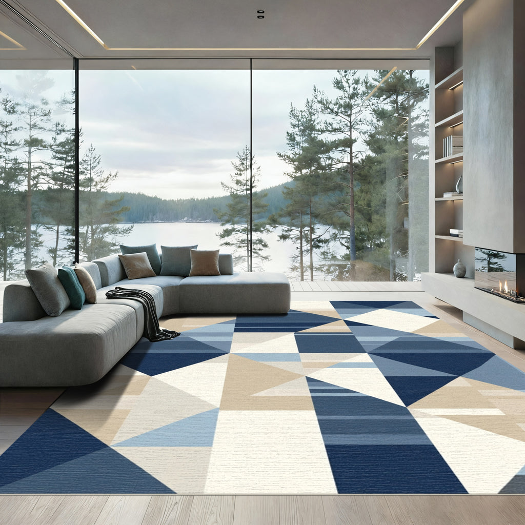 Navy Blue Geometric Intersecting Triangles Rug