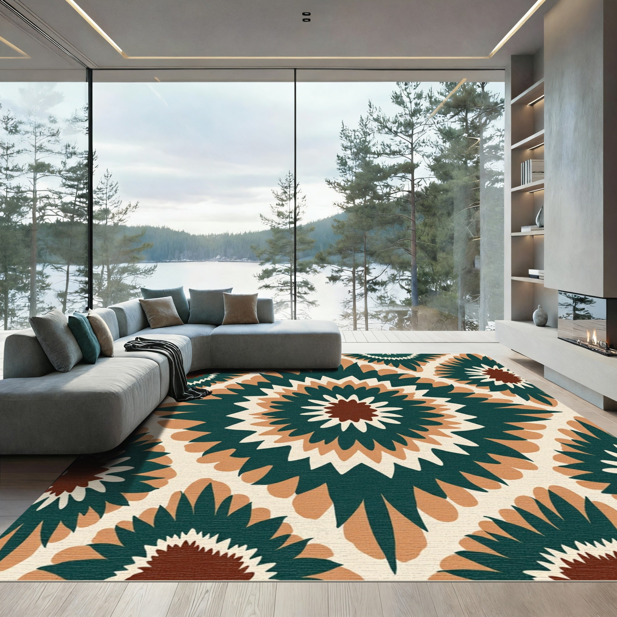 Emerald Brown Sunburst Medallion Rug