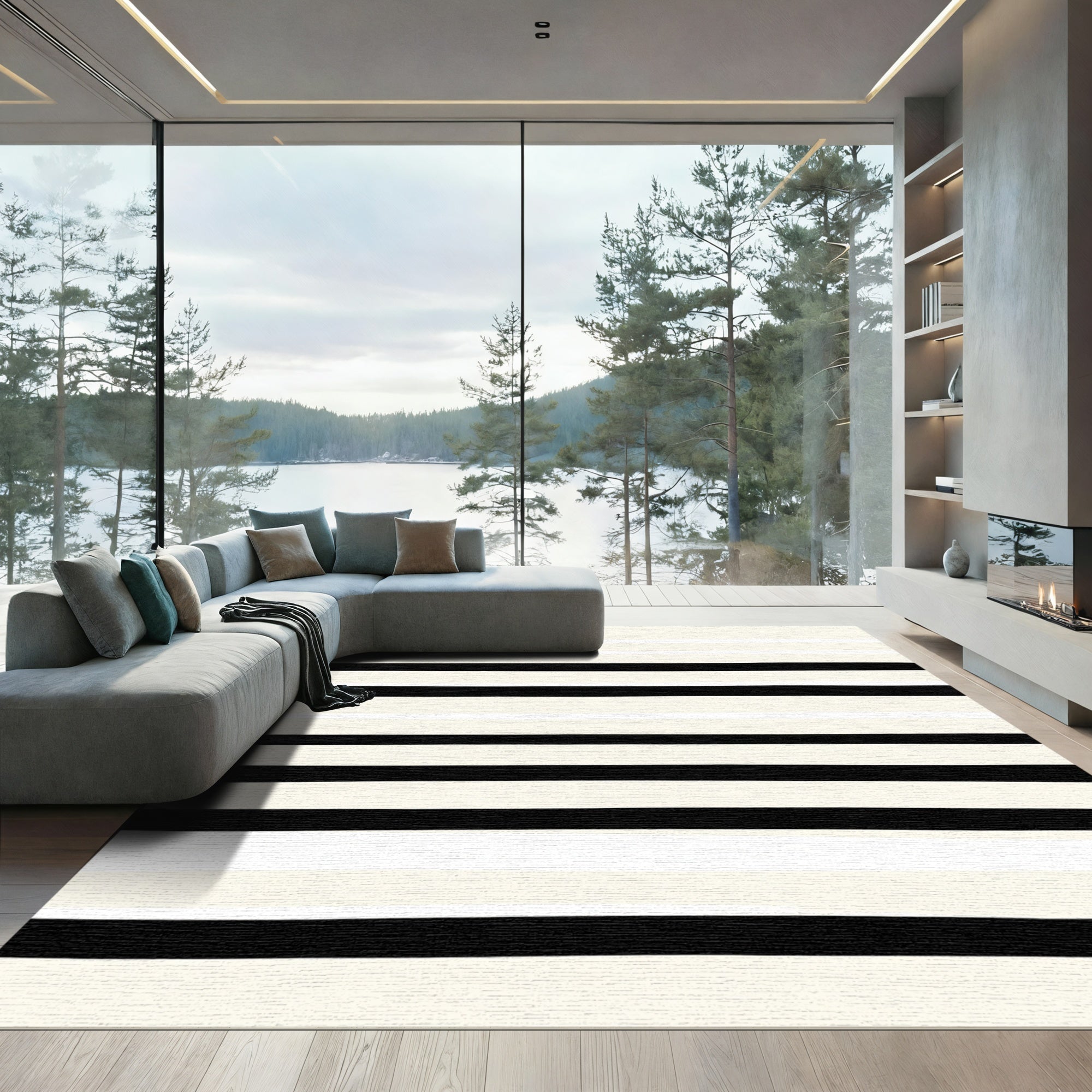 Cream And Black Wide Stripe Rug
