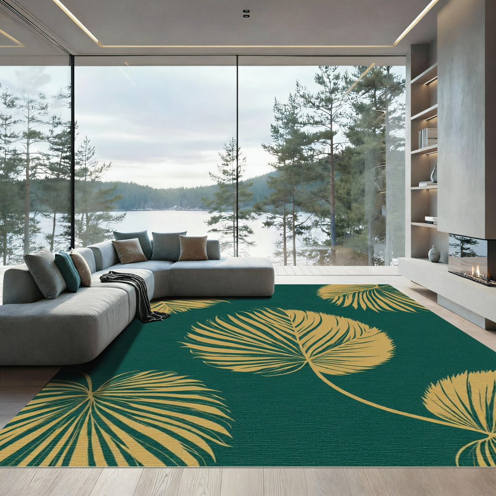 Golden Palm Leaves Teal Tropical Rug