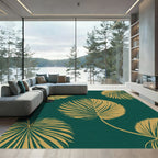 Golden Palm Leaves Teal Tropical Rug