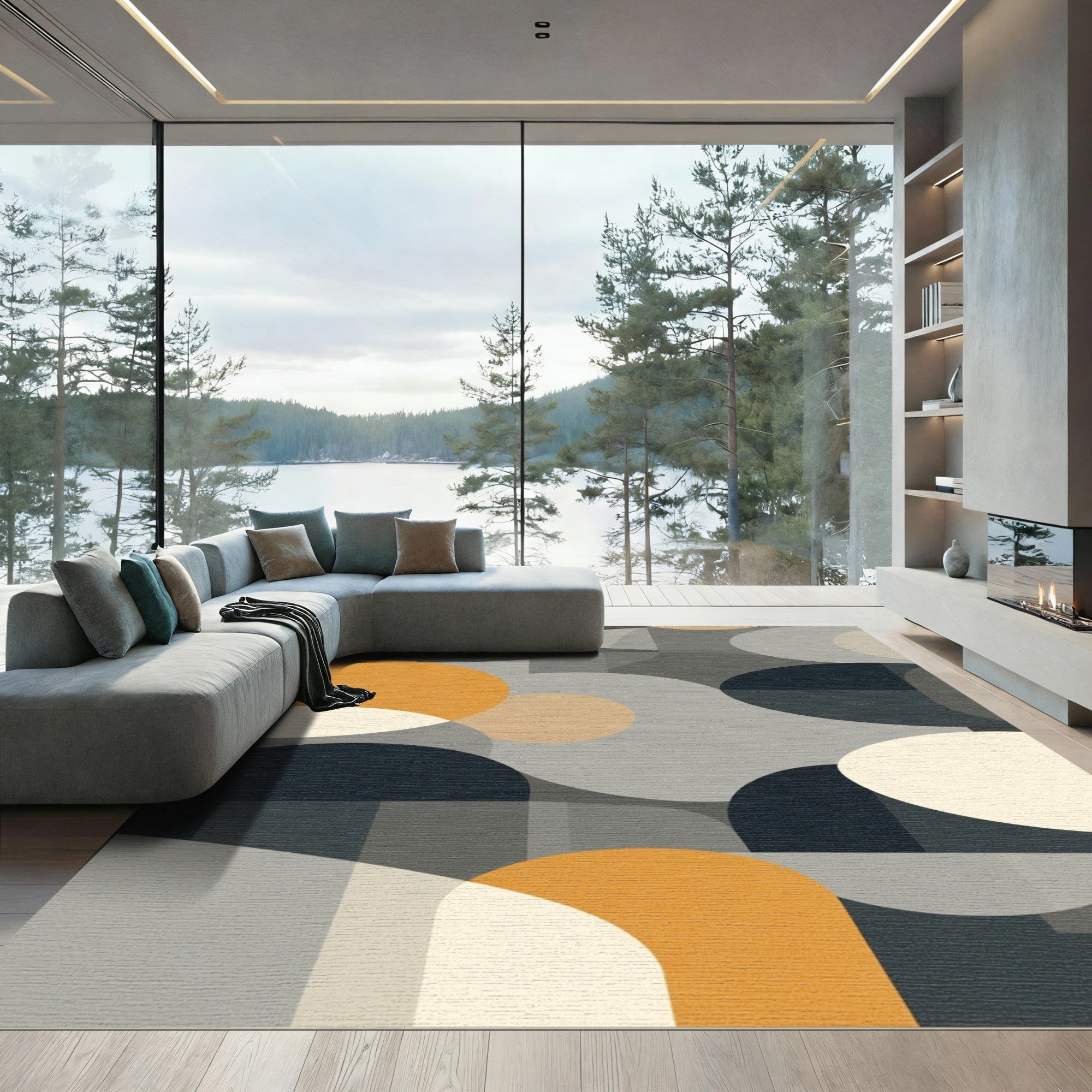 Modern Abstract Geometric Amber Circles Rug