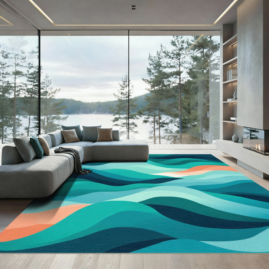 Oceanic Teal Coral Undulating Waves Rug
