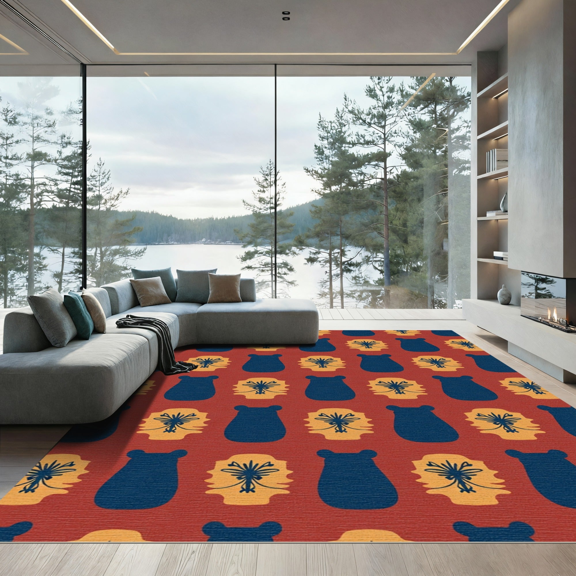 Rust Blue Bear Floral Repeat Rug