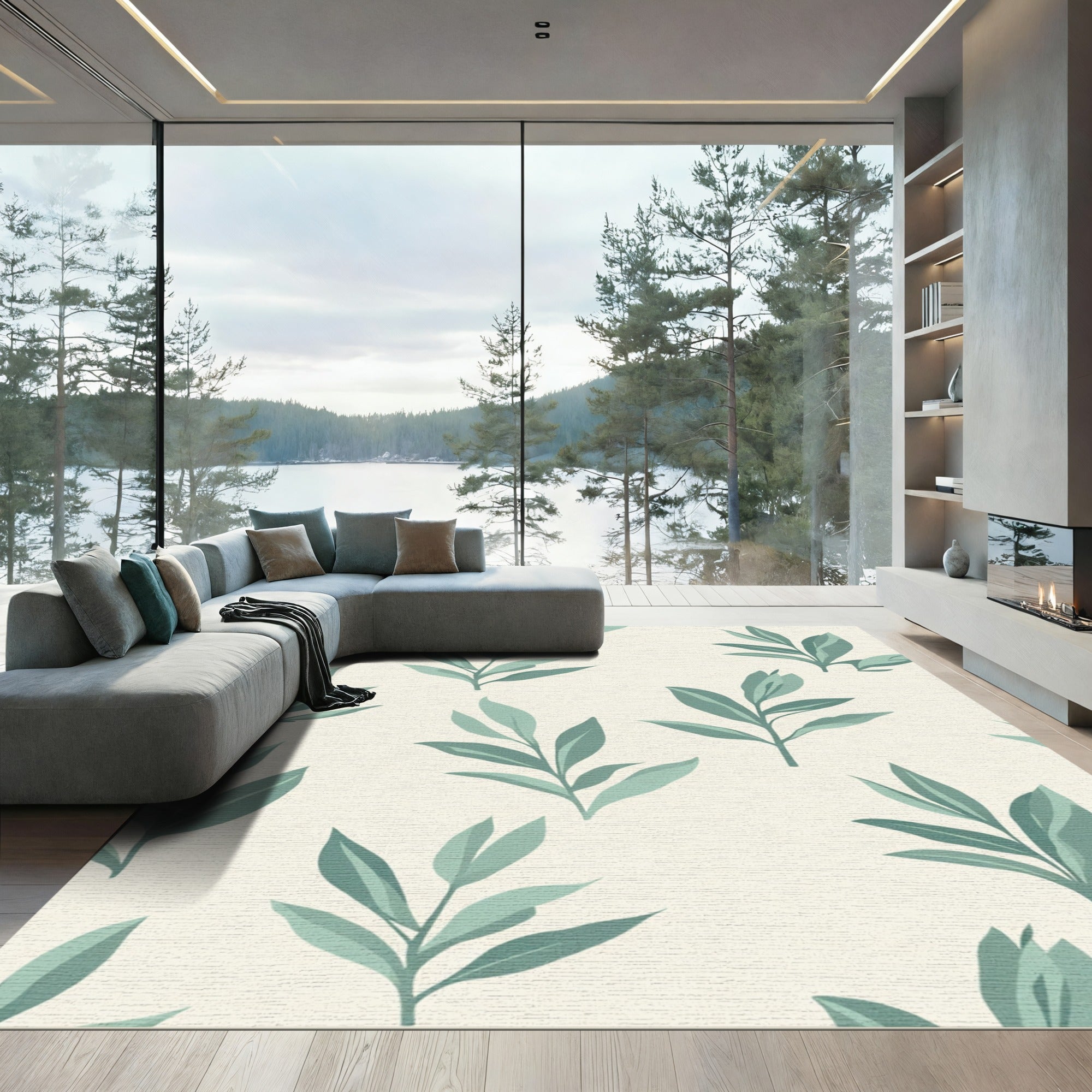 Sage Green Leafy Branch Arrangement Rug