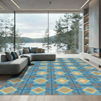 Blue Tan Diamond Geometric Vertical Stripe Rug
