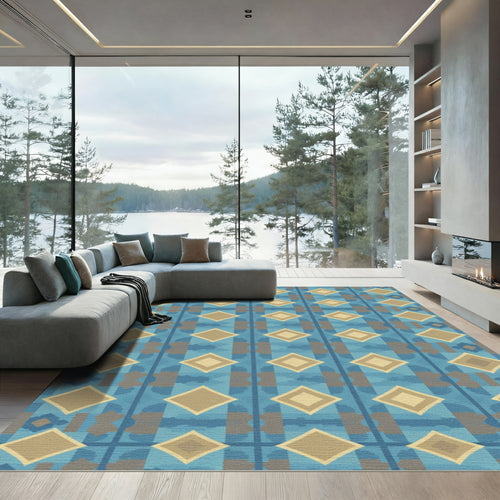 Blue Tan Diamond Geometric Vertical Stripe Rug