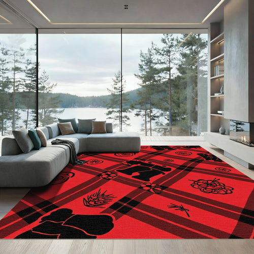 Bold Red Plaid Floral Silhouette Rug