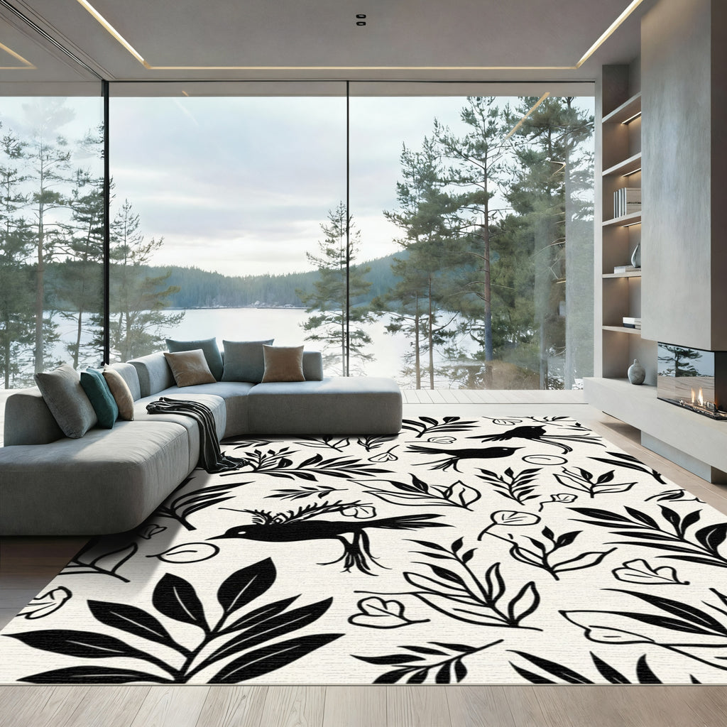 Black Birds and Botanical Branches Rug