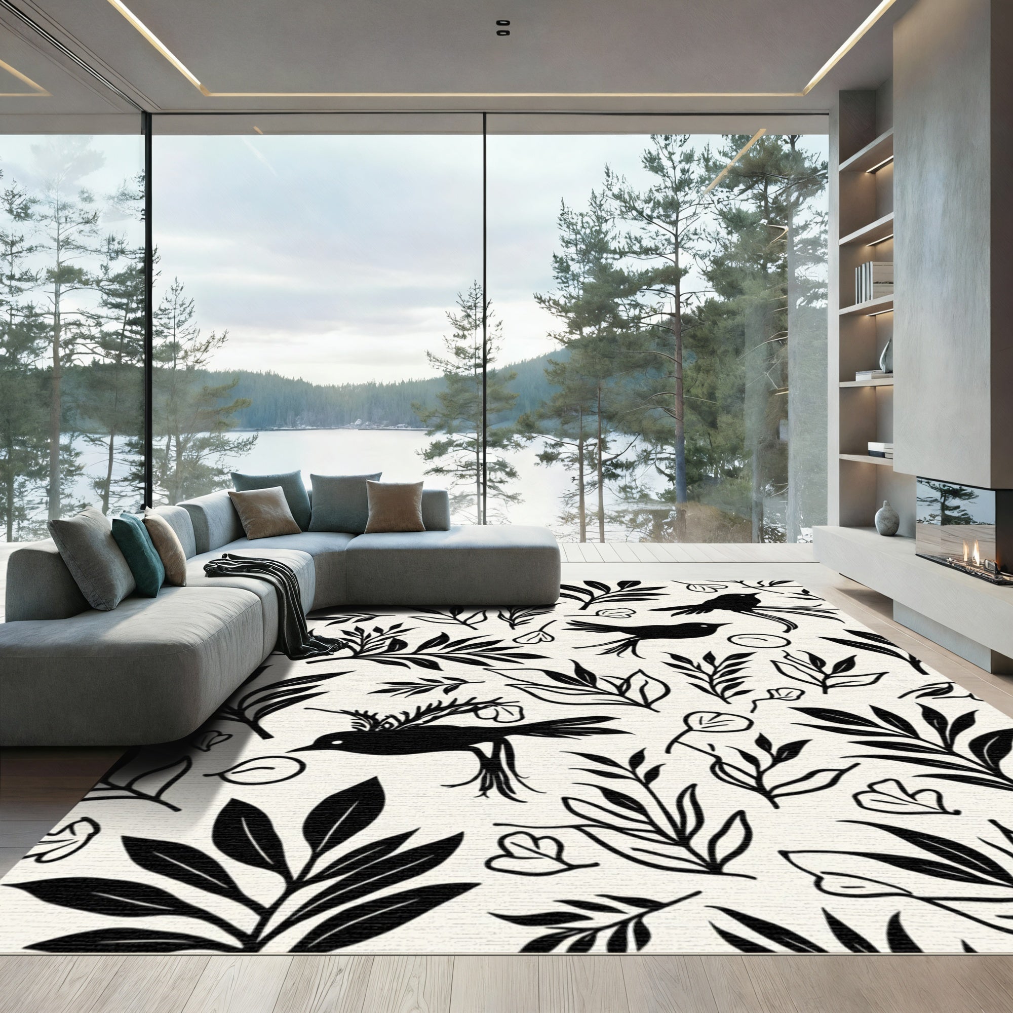 Black Birds and Botanical Branches Rug