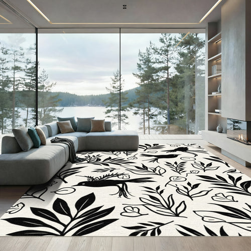 Black Birds and Botanical Branches Rug