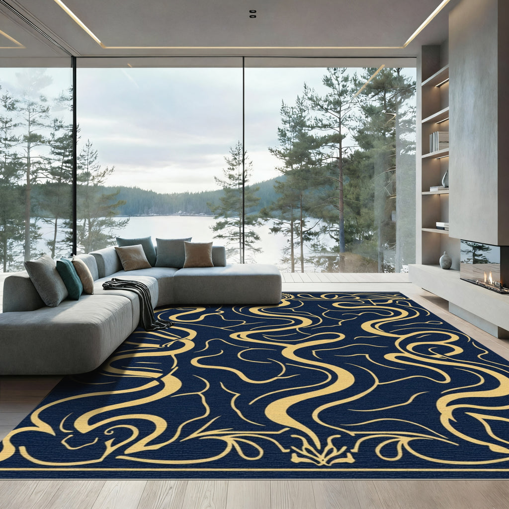 Navy Gold Art Nouveau Swirl Rug