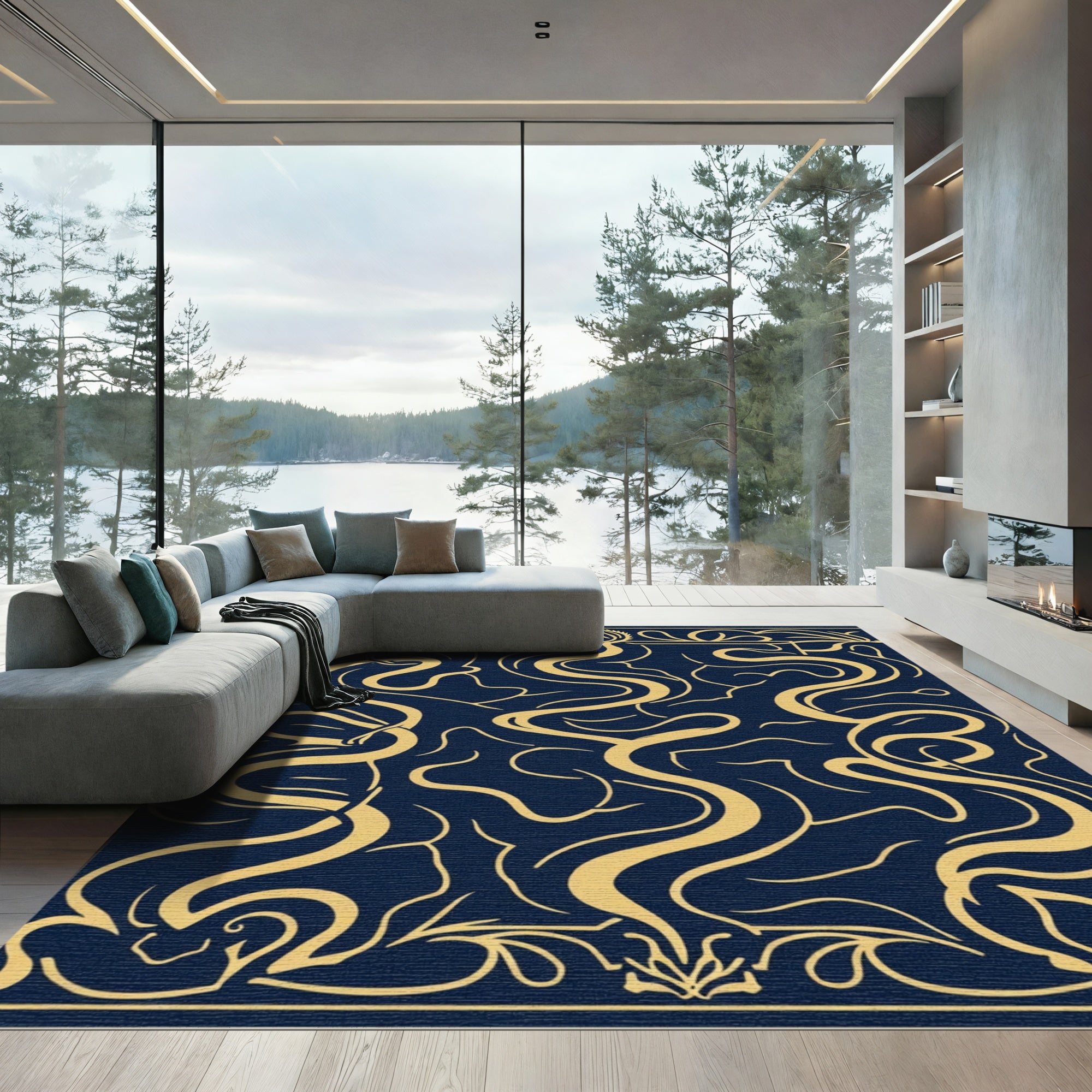 Navy Gold Art Nouveau Swirl Rug