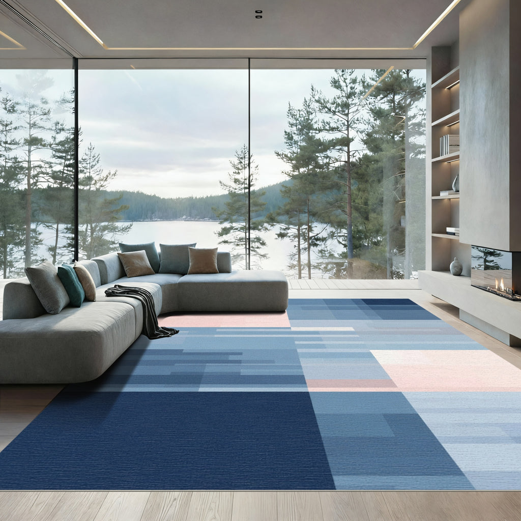 Soft Pink Blue Geometric Block Rug