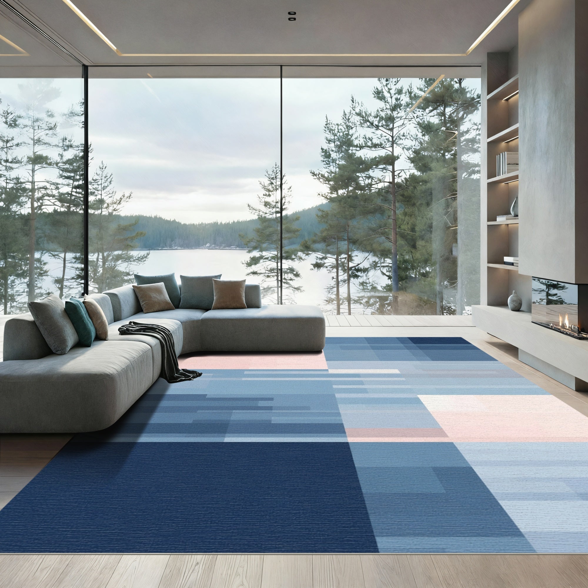 Soft Pink Blue Geometric Block Rug