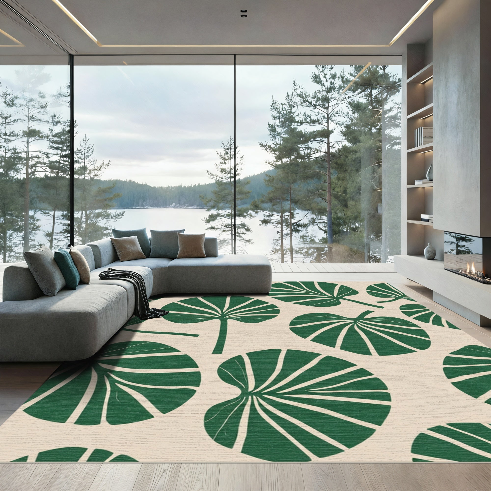 Forest Green Tropical Leaf Arrangement Rug