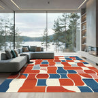 Abstract Red Blueprint Geometric Layout Rug