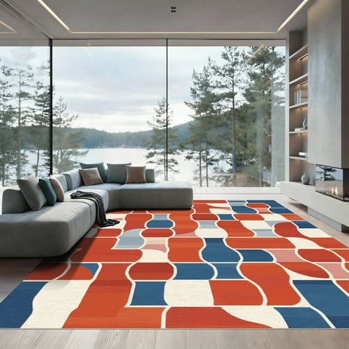 Abstract Red Blueprint Geometric Layout Rug
