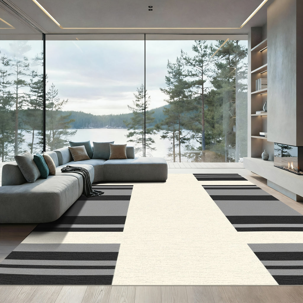 Contemporary Black Gray Stripe Rectangles Rug