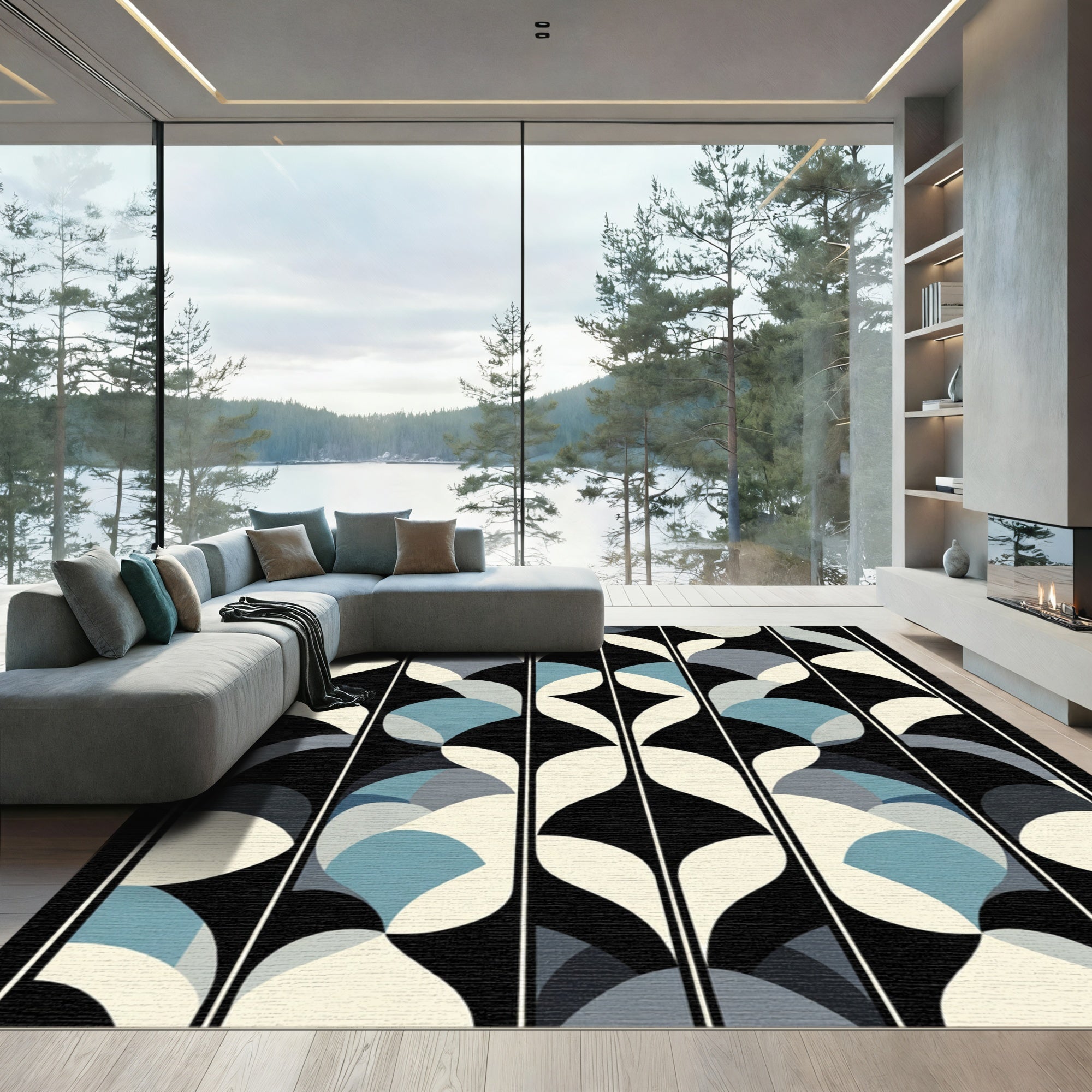 Abstract Blue Ivory Black Geometric Panels Rug