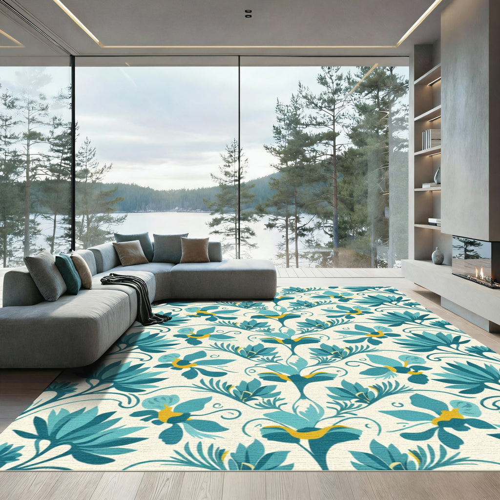 Teal Botanical Medallion Cream Rug