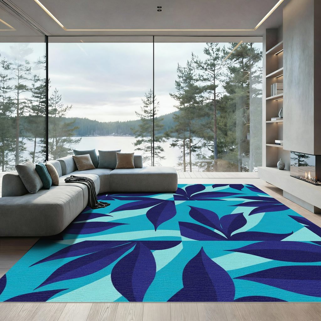 Deep Blue Leafy Abstract Squares Rug