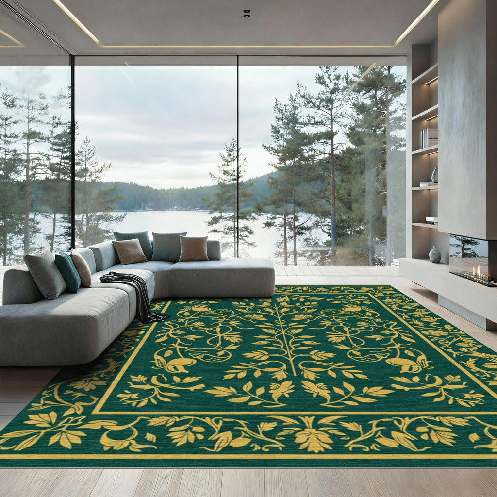 Deep Emerald Golden Floral Vine Rug