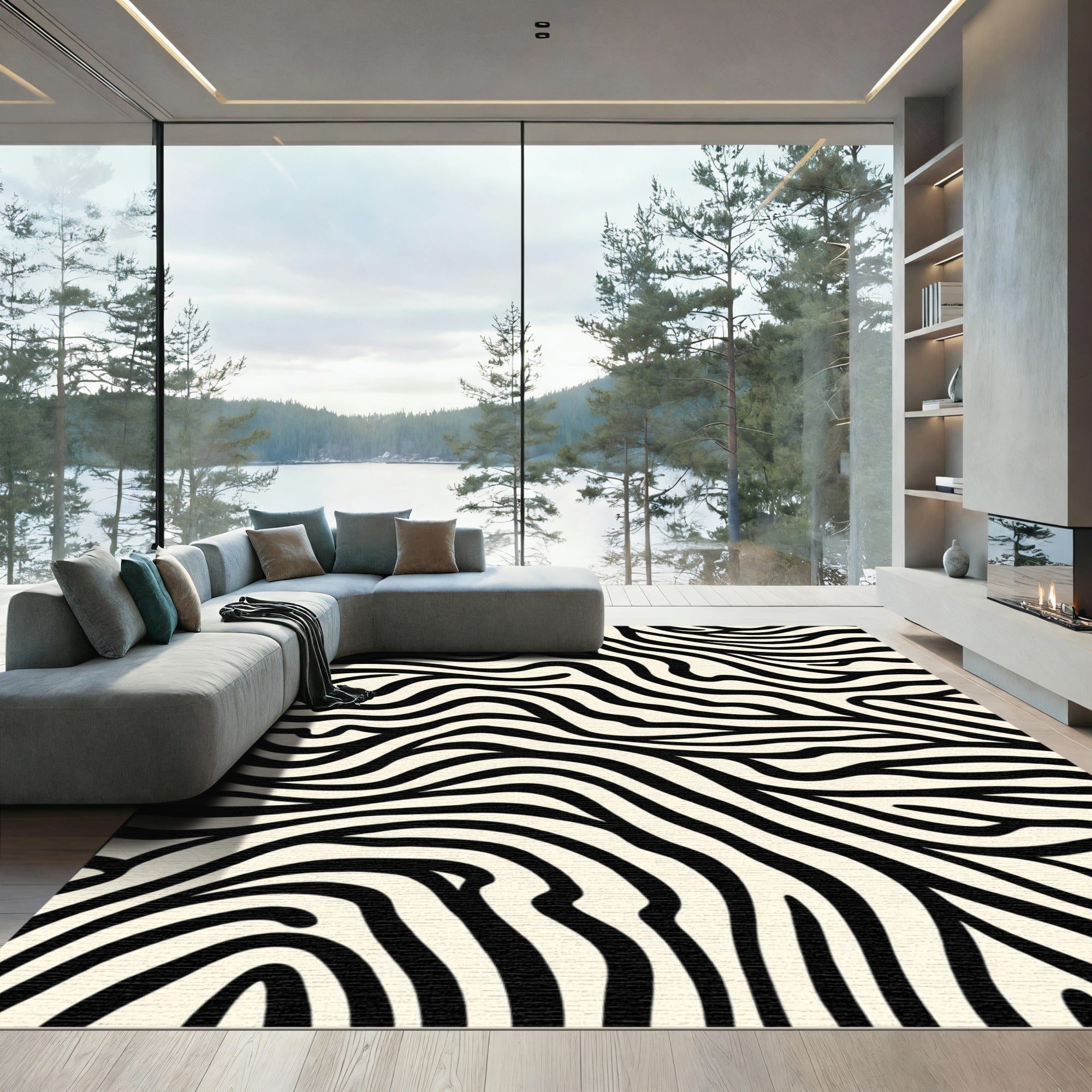 Striking Black White Wavy Animal Print Rug