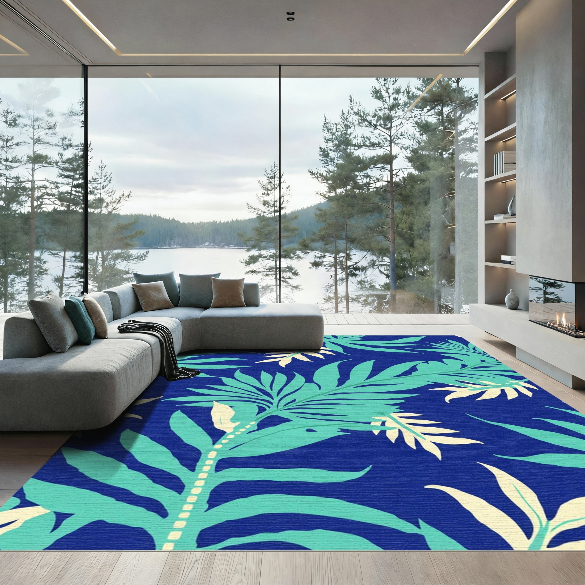 Aqua Teal Foliage Royal Blue Accent Rug