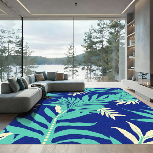 Aqua Teal Foliage Royal Blue Accent Rug